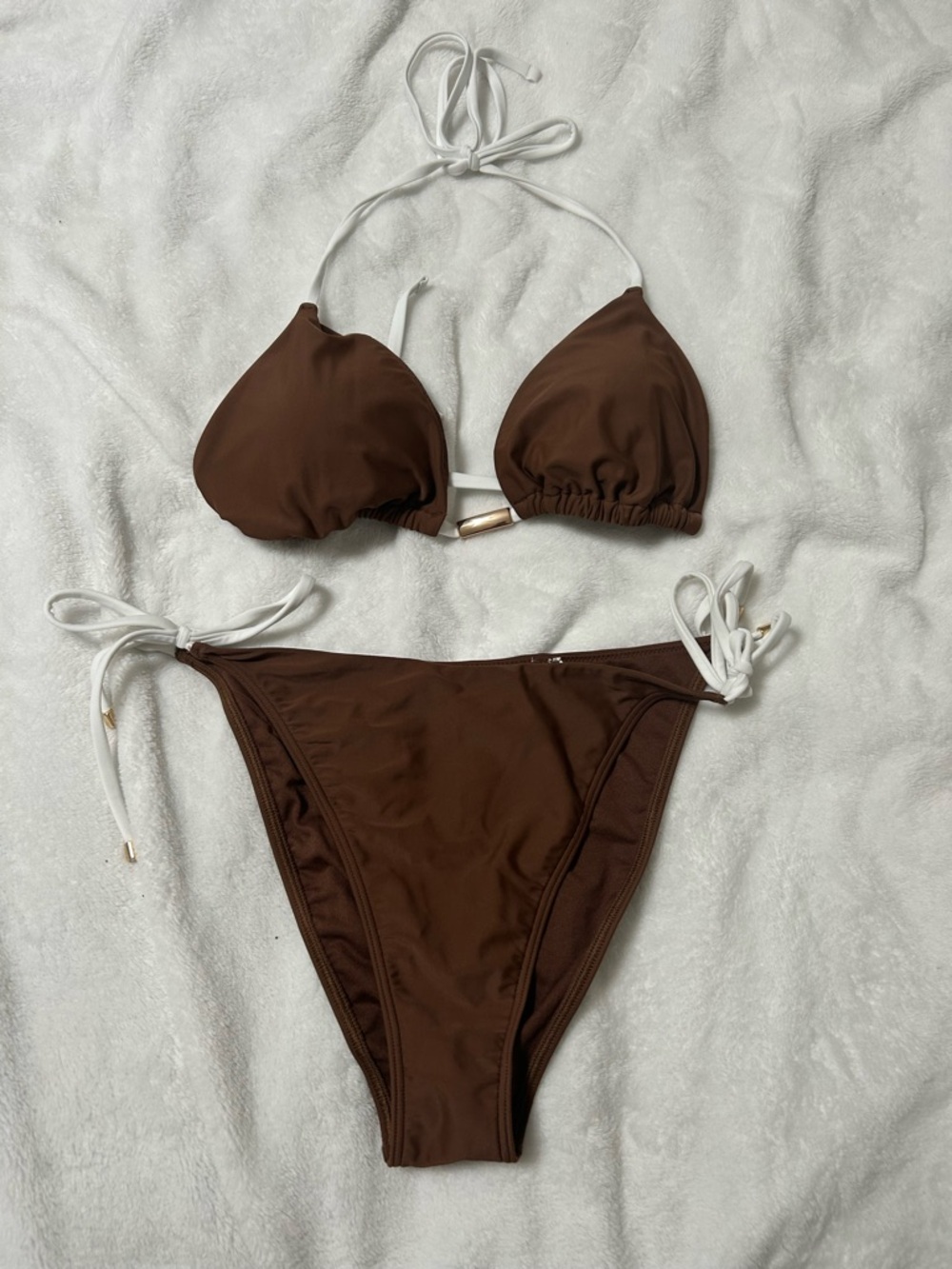 Abercrombie Brown Tie-Side Bikini Set with White Straps